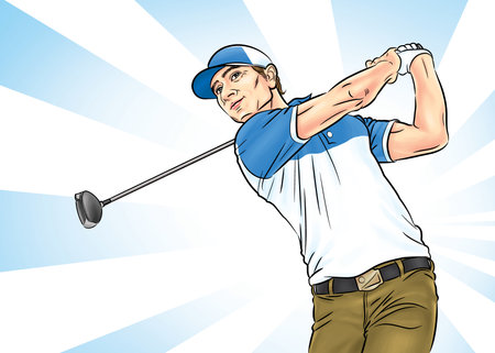 The golfer swings the club with all his might to hit the ball forward.illustrationの写真素材