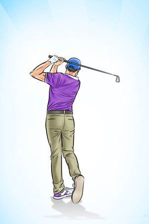 The golfer swings the club with all his might to hit the ball forward.illustrationの写真素材
