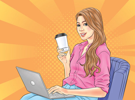 girl typing laptop She showed the cup of drink in her hand.illustrationの写真素材
