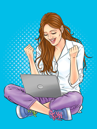 Pretty woman using a laptop showing a happy gesture of success.illustrationの写真素材