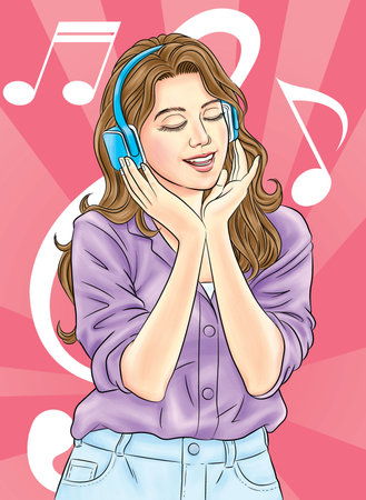 Young woman enjoying music in her headphones show a happy face.illustrationの写真素材