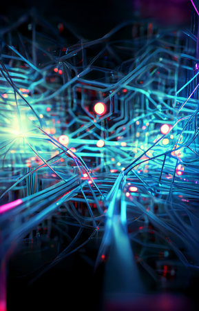 Abstract connected dots on bright blue background. Technology backdrop with depth of field. 3d...