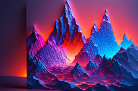 fantasy mountains with neon colors and bright illuminationの写真素材