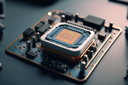 Circuit board. Technology background. Central computer Processors CPU concept. Digital chip motherboard. Tech science background. Integrated communication processor.の写真素材