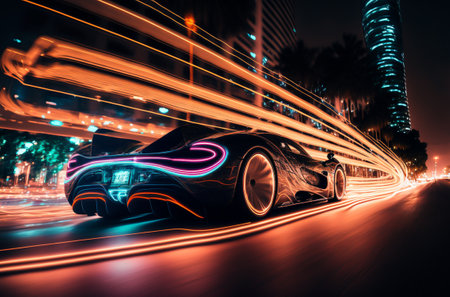 high speed car with neon colors in a night cityの写真素材