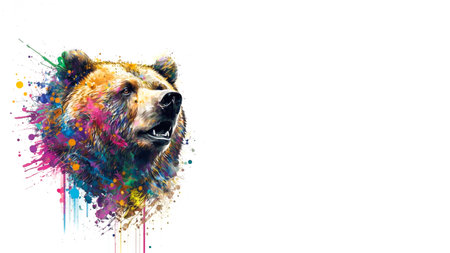 Bear illustration in funny colors with paint splashesの写真素材