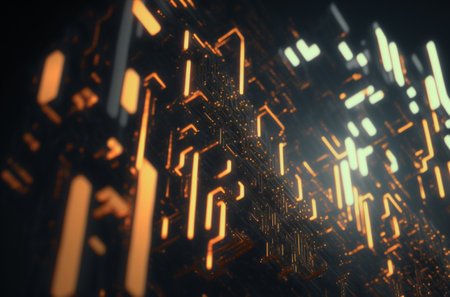 high tech geometrical scheme, neon colored technology data technology connectionsの写真素材