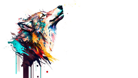Illustration of wolf in fun colors with paint splashesの写真素材