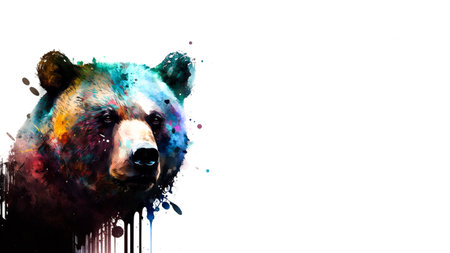 Bear illustration in funny colors with paint splashesの写真素材