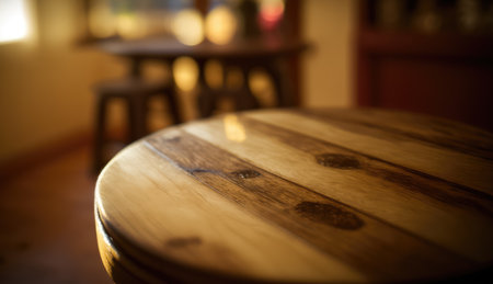 beautiful wooden table on a terrace with sunset light. Background with wooden table and sunset lightの写真素材
