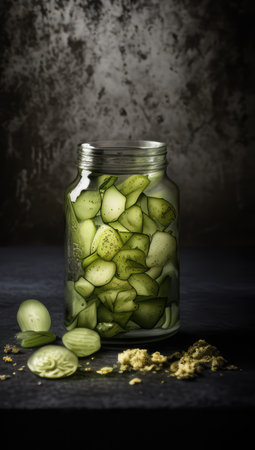 Close up preserved vegetables in jars on kitchen counterの写真素材