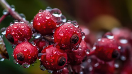 fresh red fruits with rain dew. fresh fruit with rain sprayの写真素材