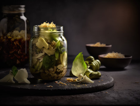 Close up preserved vegetables in jars on kitchen counterの写真素材