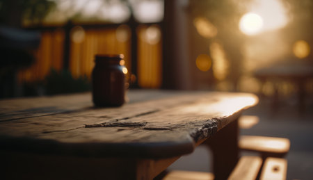 beautiful wooden table on a terrace with sunset light. Background with wooden table and sunset lightの写真素材