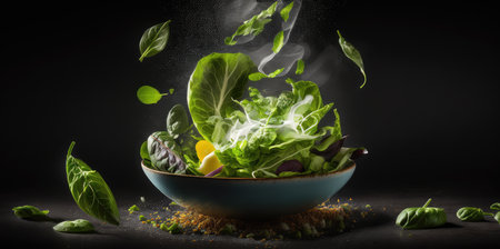 plate with fresh lettuce on the kitchen counterの写真素材