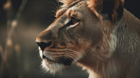 beautiful lion in its natural habitat. Close up of lion in African plain.の写真素材