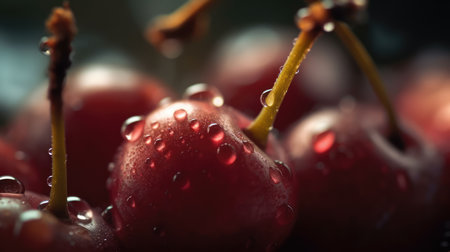 fresh cherries with rain dew. fresh fruit with rain sprayの素材