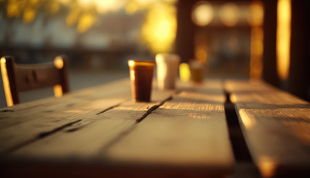 beautiful wooden table on a terrace with sunset light. Background with wooden table and sunset lightの写真素材