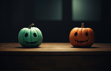 Halloween night. Candle lit Halloween Pumpkins. Halloween Backdrop with spooky pumpkins.の写真素材