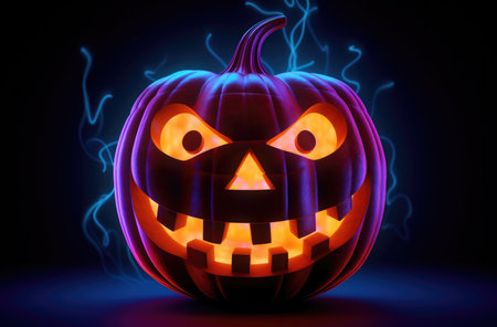 Halloween night. Candle lit Halloween Pumpkins. Halloween Backdrop with spooky pumpkins.の写真素材