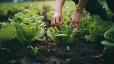 person harvesting lettuceの写真素材