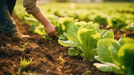 person harvesting lettuceの写真素材