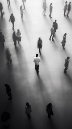 Zenithal view of people walking in black and white with fog. People walking with shaky camera effectの写真素材