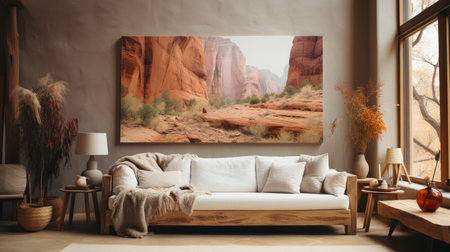 Home interior with sofa and painting in cozy tonesの写真素材