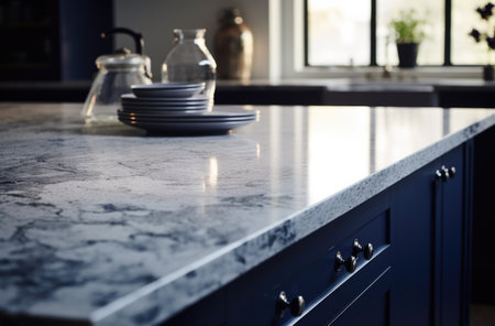 Table with blurred background, kitchen counter with copy space