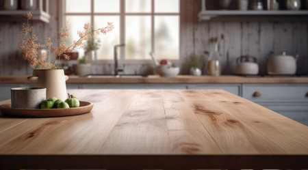 Table with blurred background, kitchen counter with copy space