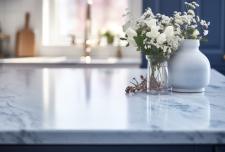 Table with blurred background, kitchen counter with copy space