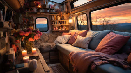 armchair by large window, candles and a view of autumn, cozy home interiorの写真素材