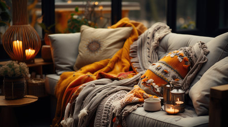 cozy atmosphere with sofa blankets and cushions, warm resting environmentの写真素材