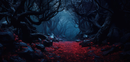 Eerie image of a spooky misty forest with red detailsの写真素材