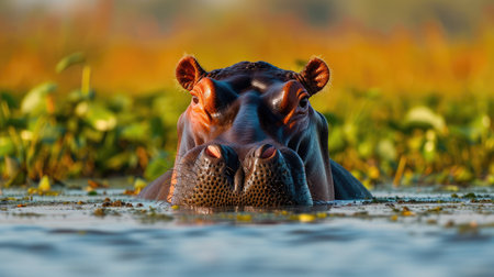 hippopotamus coming out of the water looking at the cameraの写真素材