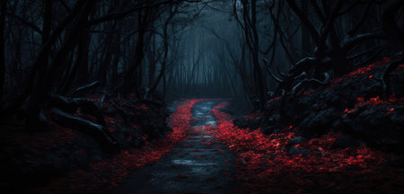 Eerie image of a spooky misty forest with red details