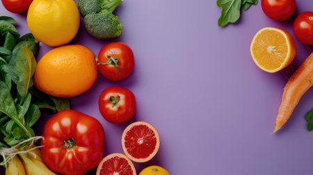 flat colored background with cut vegetables and fruitsの写真素材