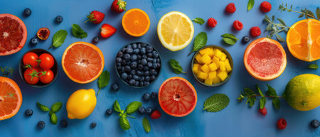 flat colored background with cut fruits