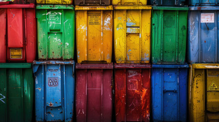 recycling containers of different colors in poor conditionの写真素材