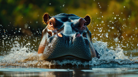 hippopotamus coming out of the water looking at the cameraの写真素材