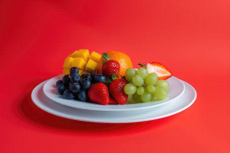 Plate with cut fruits and vegetables, healthy and wholesome food.の写真素材
