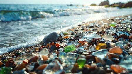 shore of the beach covered by glass stones formed by the sea.の写真素材