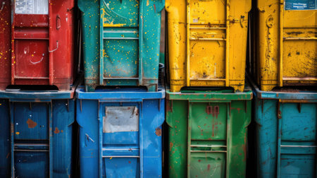 recycling containers of different colors in poor conditionの写真素材