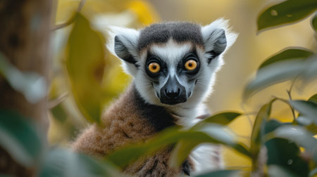 Close-up of a lemur in a tree with vegetation around itの写真素材