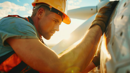 man working with wind energy turbinesの写真素材