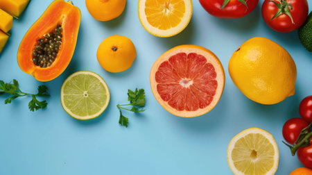 flat colored background with cut vegetables and fruitsの写真素材