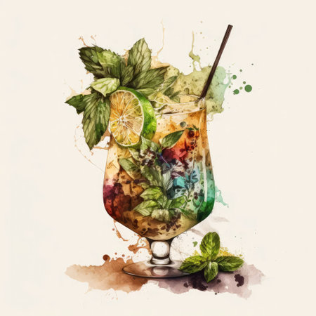 refreshing drink in a glass with ice and lemon decorationの写真素材