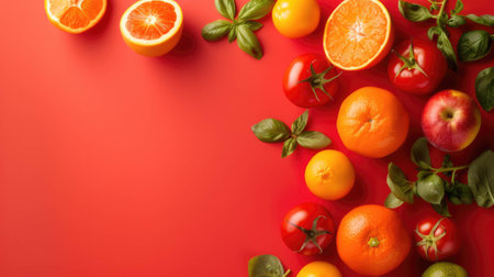 flat colored background with cut vegetables and fruitsの写真素材