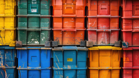 recycling containers of different colors in poor conditionの写真素材