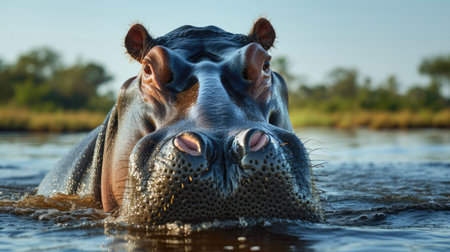hippopotamus coming out of the water looking at the cameraの写真素材